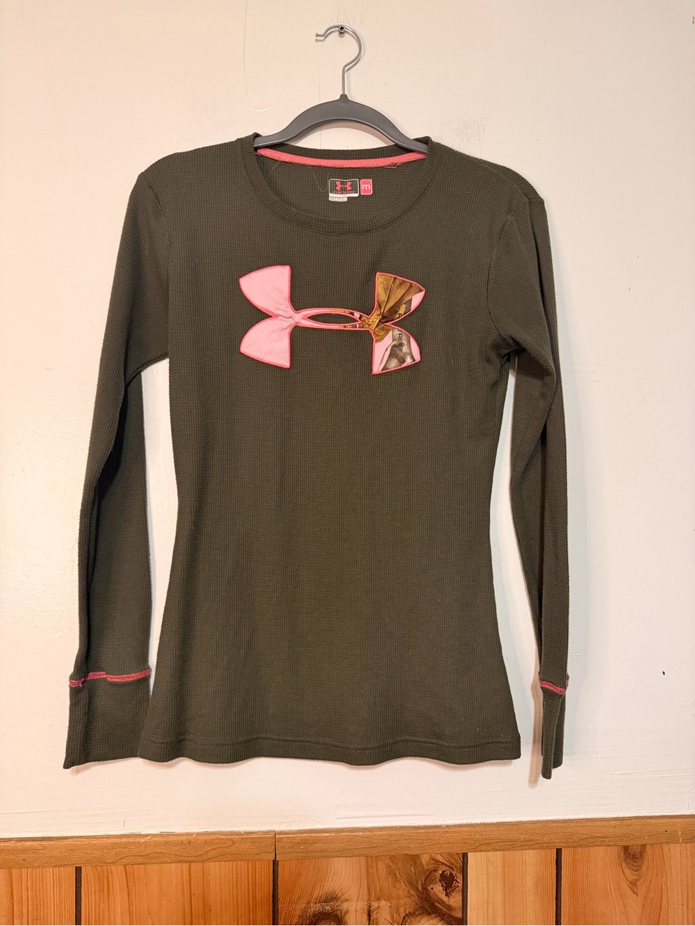 Under Armour Olive Green Long Sleeve Top with Pink & Gold Logo